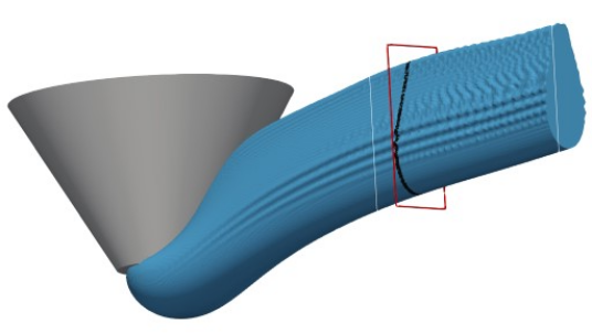 A blue filament with a teardrop-shaped cross-section flowing out of a gray cylindrical nozzle.